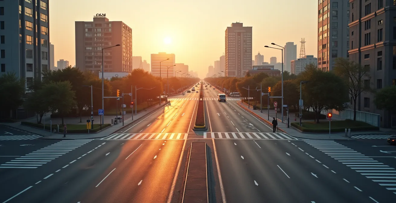 Wide angle view of empty urban crossroads showing multiple sight lines for sign placement assessment
