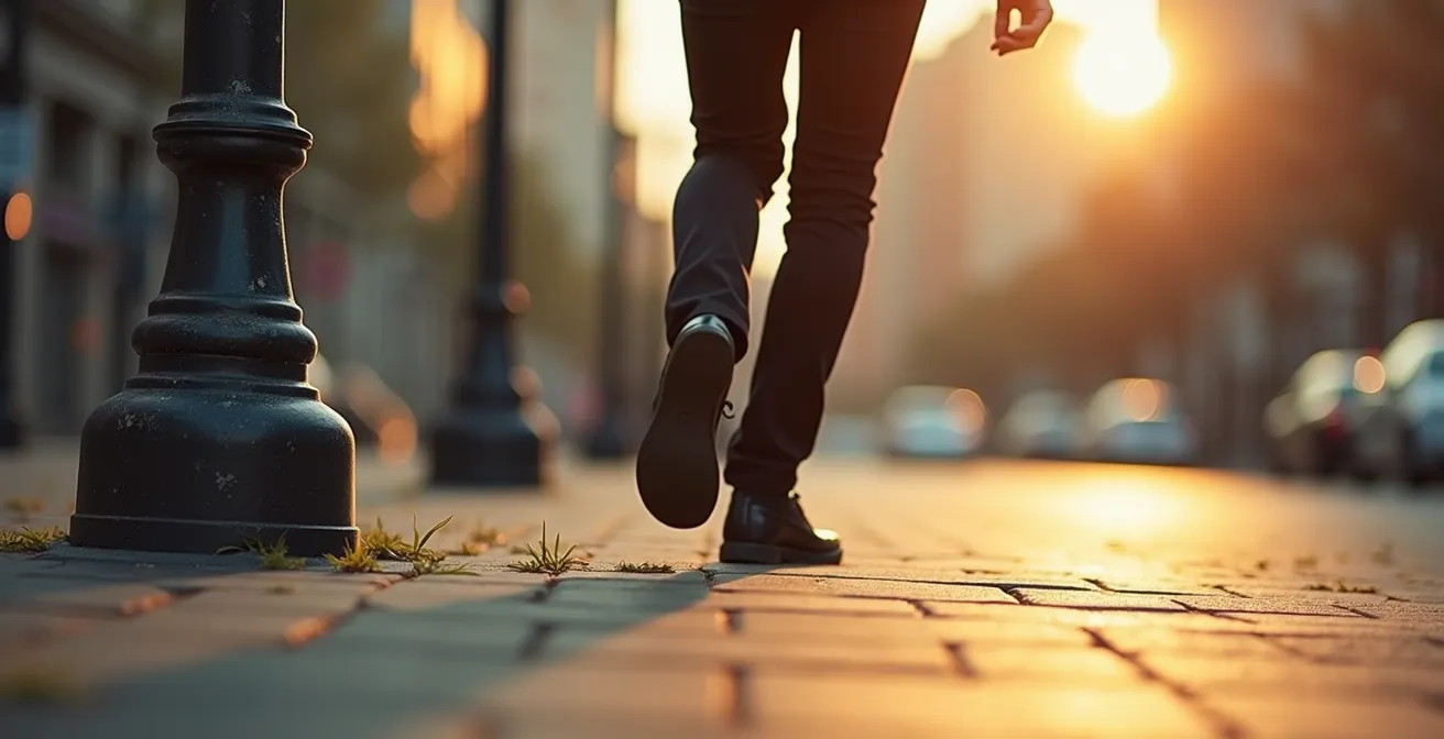 Business professional walking past weathered outdoor sign showing visual habituation effect